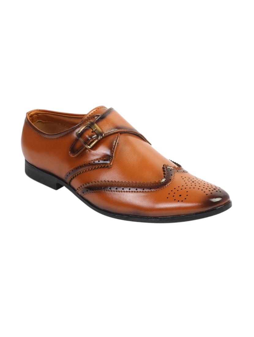 brown synthetic & mesh slip on monk straps - 17477094 - Zoom Image - 1
