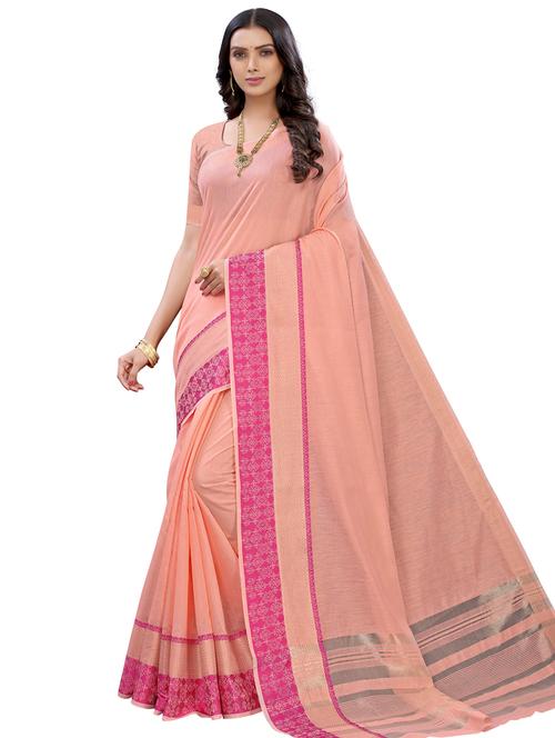 peach cotton kanjivaram saree with blouse - 17478522 - Standard Image - 1
