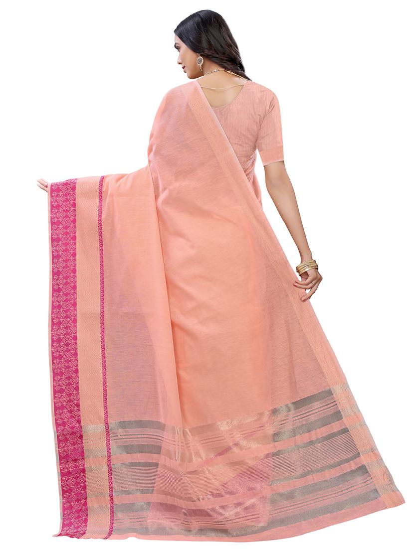 peach cotton kanjivaram saree with blouse - 17478522 - Zoom Image - 2