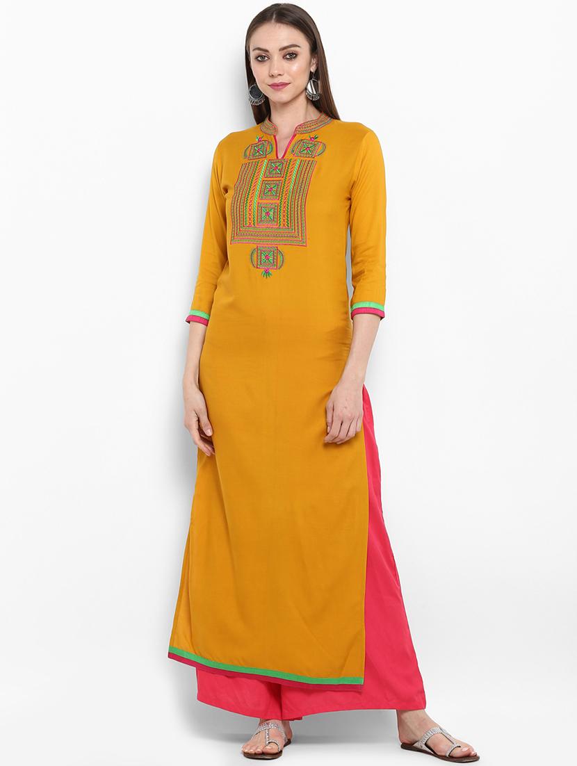 mustard embroidered straight kurta - 17483013 - Zoom Image - 1
