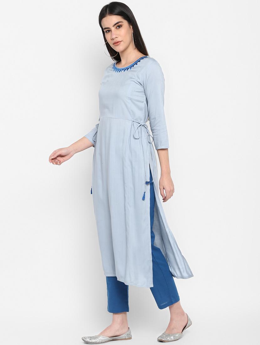 solid rayon straight kurta - 17483026 - Zoom Image - 2