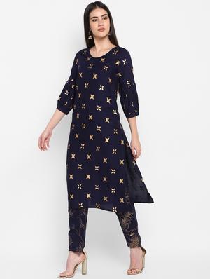 gold print rayon straight kurta - 17483027 - Standard Image - 2