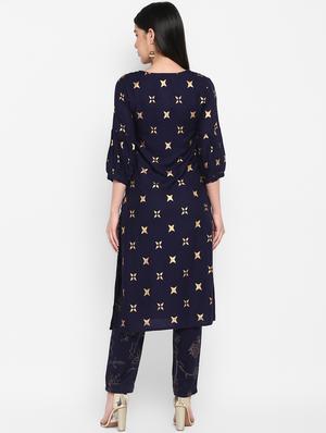 gold print rayon straight kurta - 17483027 - Standard Image - 3
