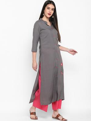 solid rayon straight kurta - 17483039 - Standard Image - 2
