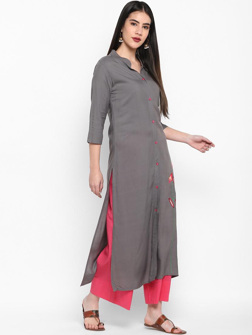 solid rayon straight kurta - 17483039 - Zoom Image - 2