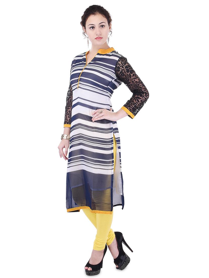 striped georgette straight kurta - 17483063 - Zoom Image - 2
