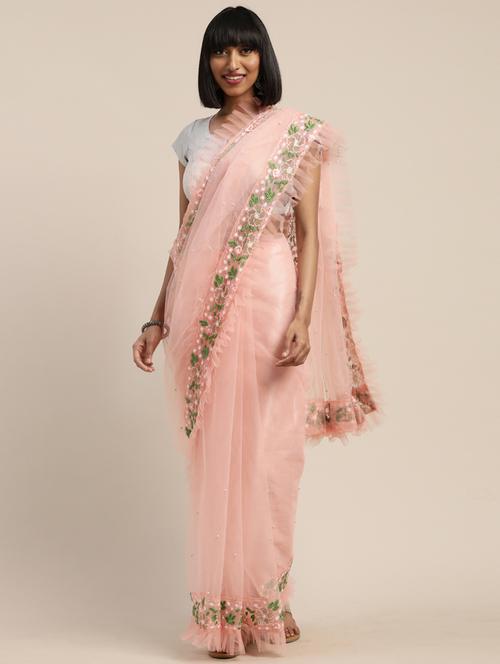 solid embellished ruffled saree with blouse - 17485420 - Very Small Image - 1