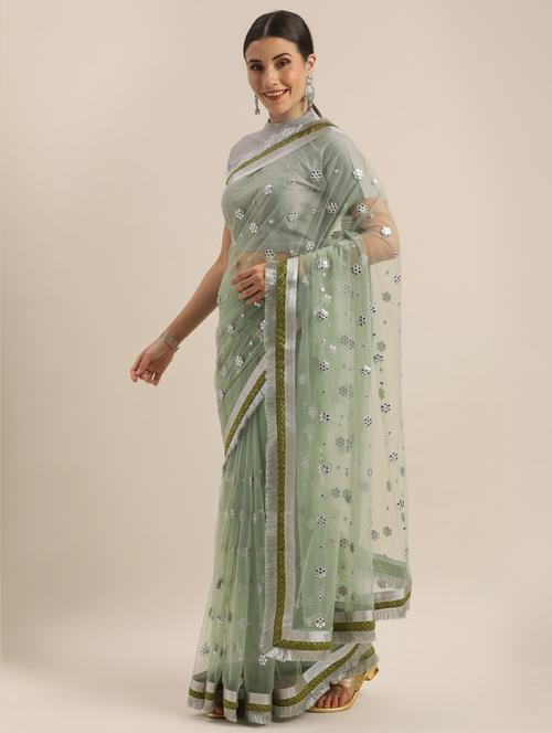 mirror work lace detailed saree with blouse - 17485423 - Very Small Image - 1