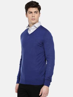 blue solid woolen pullover - 17496084 - Standard Image - 3