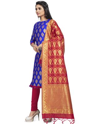 blue silk blend churidaar suits unstitched suit - 17498503 - Standard Image - 2