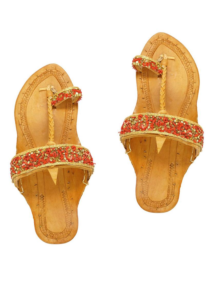 red fabric slip on kolhapuris - 17501190 - Zoom Image - 1