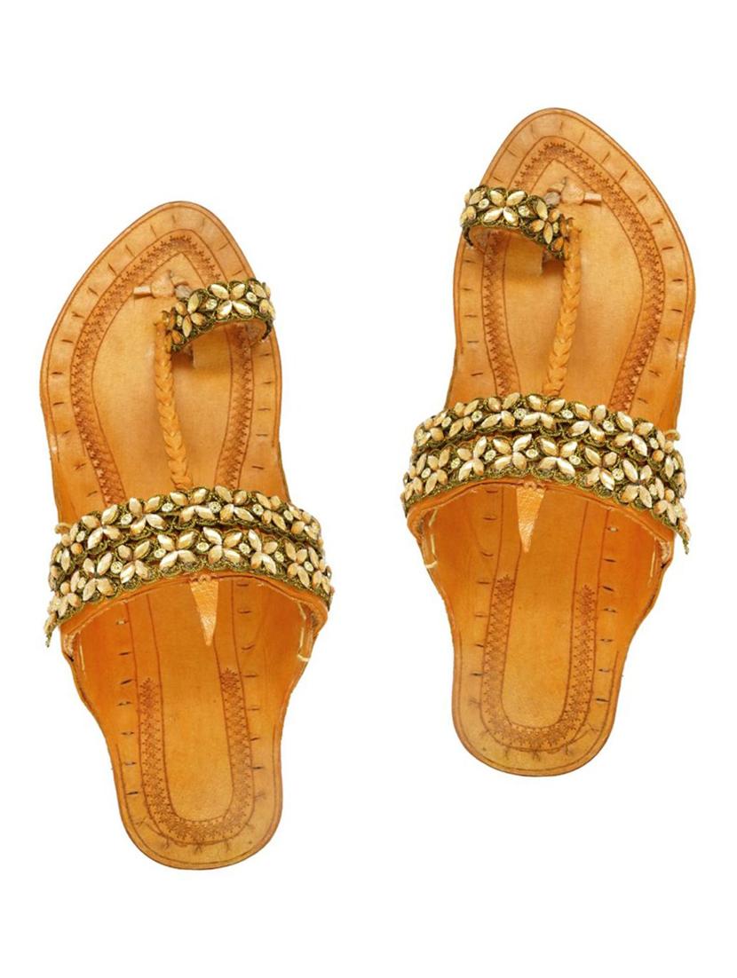 gold leather slip on kolhapuris - 17501232 - Zoom Image - 1