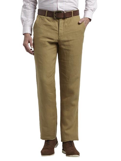 brown solid linen flat front casual trouser - 17503907 - Standard Image - 1