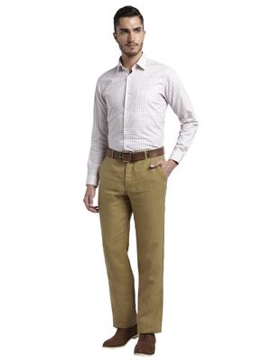 brown solid linen flat front casual trouser - 17503907 - Standard Image - 4