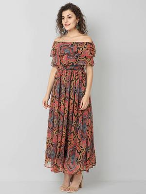 off shoulder printed fit & flare dress - 17508530 - Standard Image - 2