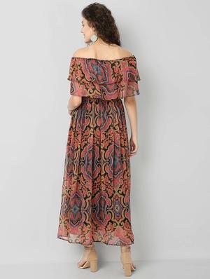 off shoulder printed fit & flare dress - 17508530 - Standard Image - 3