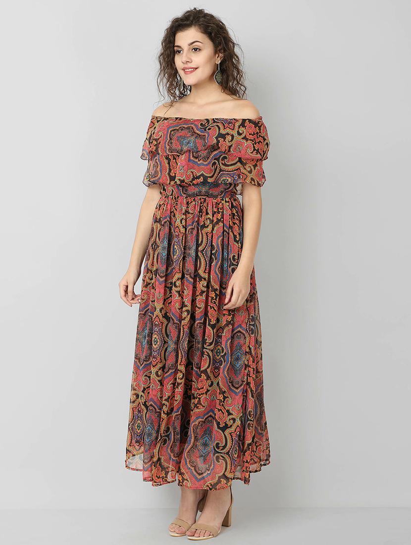 off shoulder printed fit & flare dress - 17508530 - Zoom Image - 2