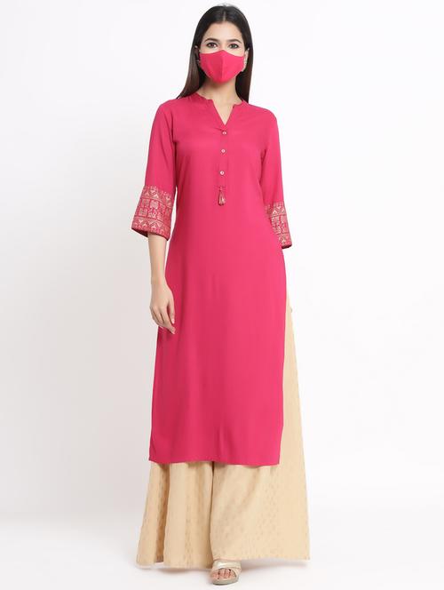 solid straight kurta with face mask - 17509502 - Very Small Image - 1