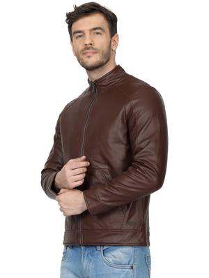 brown solid biker jacket - 17512615 - Standard Image - 2