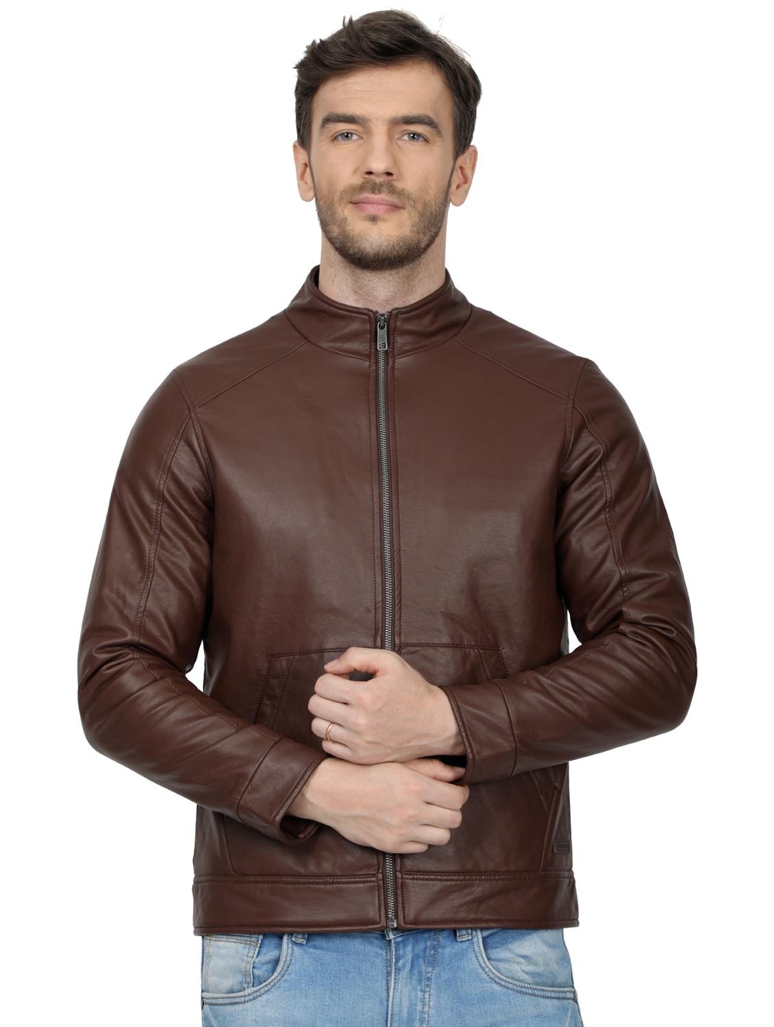 brown solid biker jacket - 17512615 - Zoom Image - 1