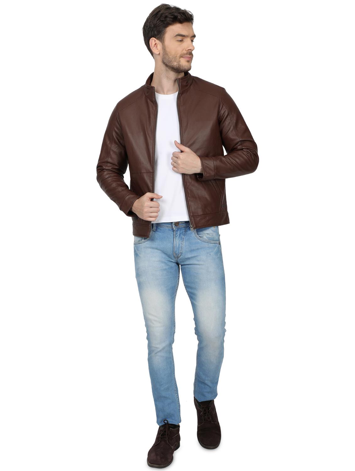 brown solid biker jacket - 17512615 - Zoom Image - 4