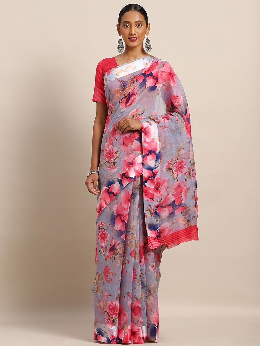 floral printed saree with blouse - 17514670 - Zoom Image - 1