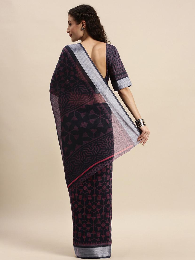 navy printed saree with blouse - 17514691 - Zoom Image - 2