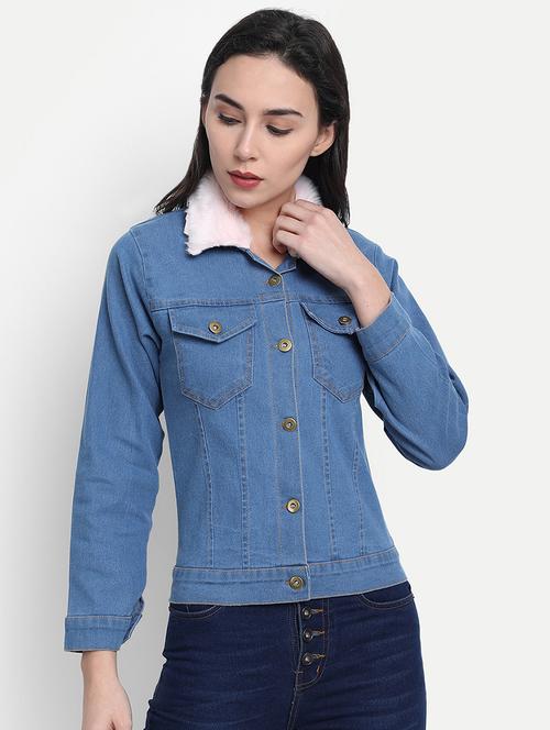 faux fur collar denim jacket - 17515507 - Standard Image - 1