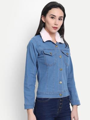faux fur collar denim jacket - 17515507 - Standard Image - 2