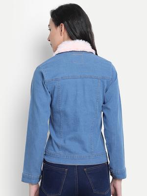 faux fur collar denim jacket - 17515507 - Standard Image - 3