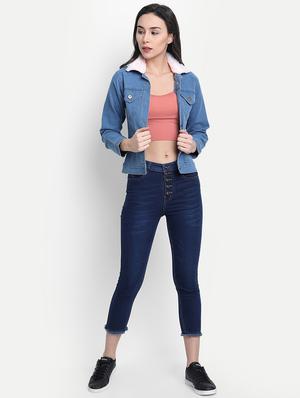 faux fur collar denim jacket - 17515507 - Standard Image - 4