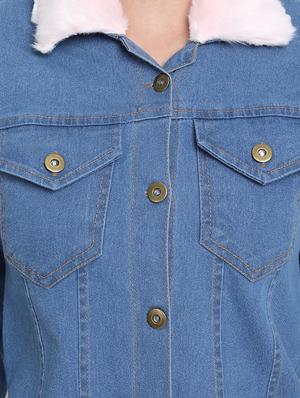 faux fur collar denim jacket - 17515507 - Standard Image - 5