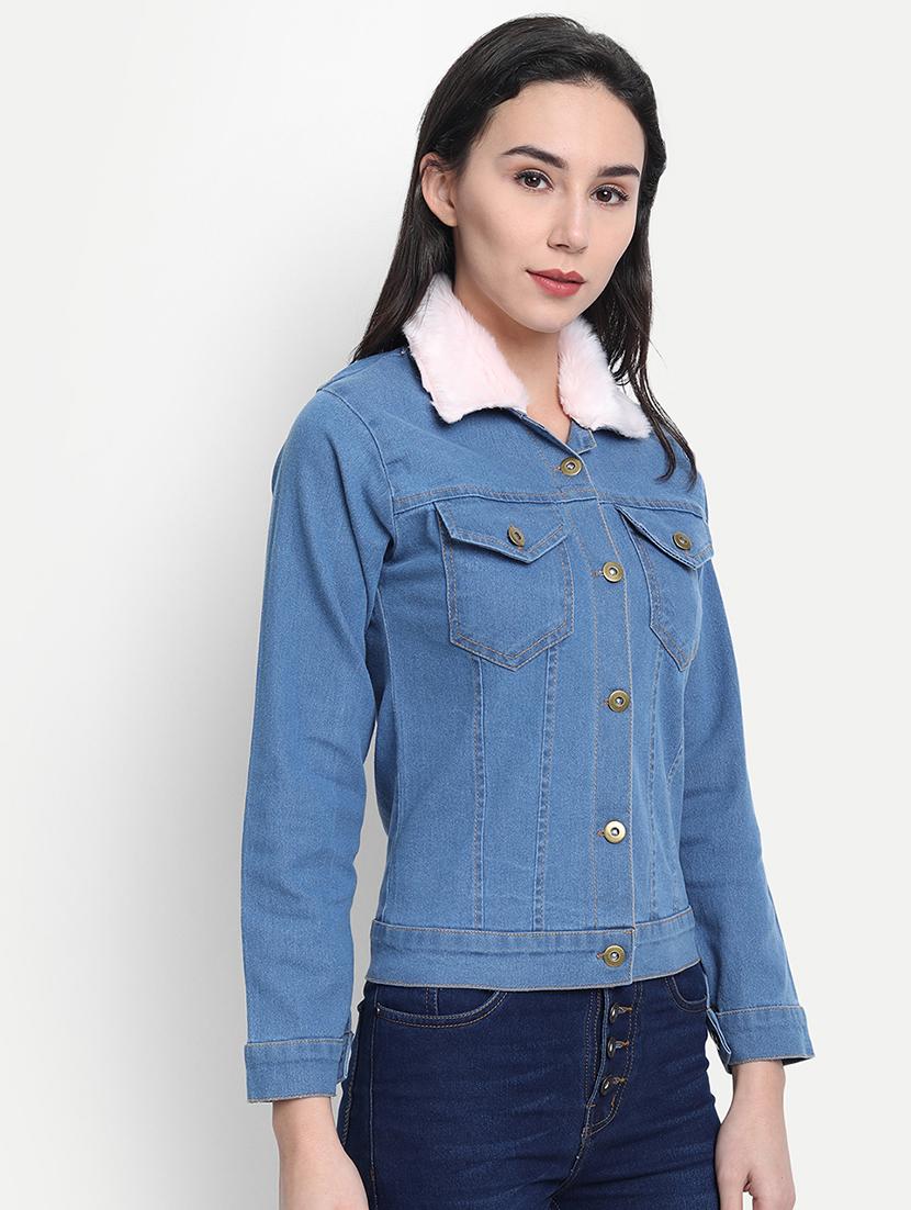 faux fur collar denim jacket - 17515507 - Zoom Image - 2