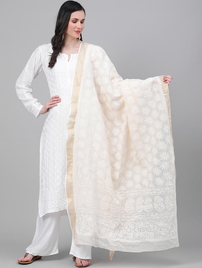 ada hand-embroidered beige chikankari dupatta - 17518117 - Zoom Image - 1