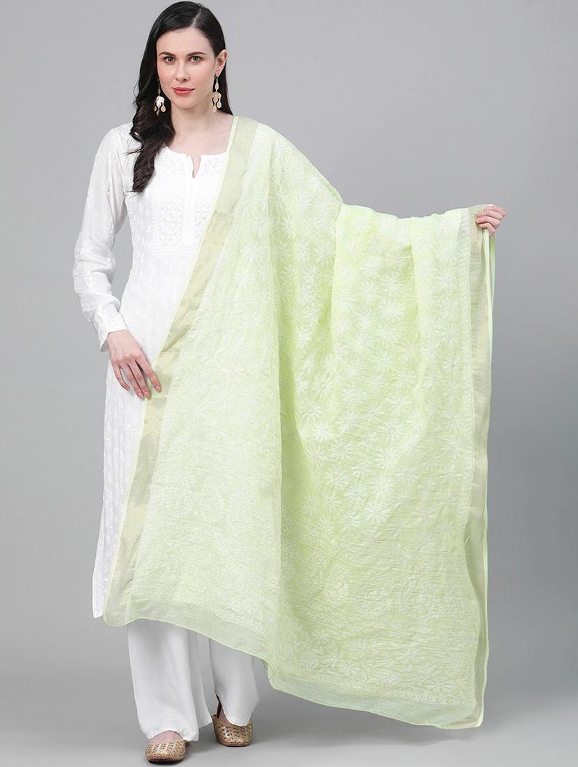 ada hand-embroidered green chikankari dupatta - 17518120 - Zoom Image - 1