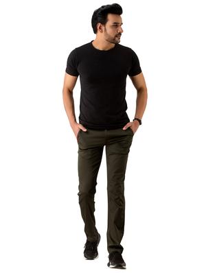 olive green solid flat front casual trouser - 17519342 - Standard Image - 4