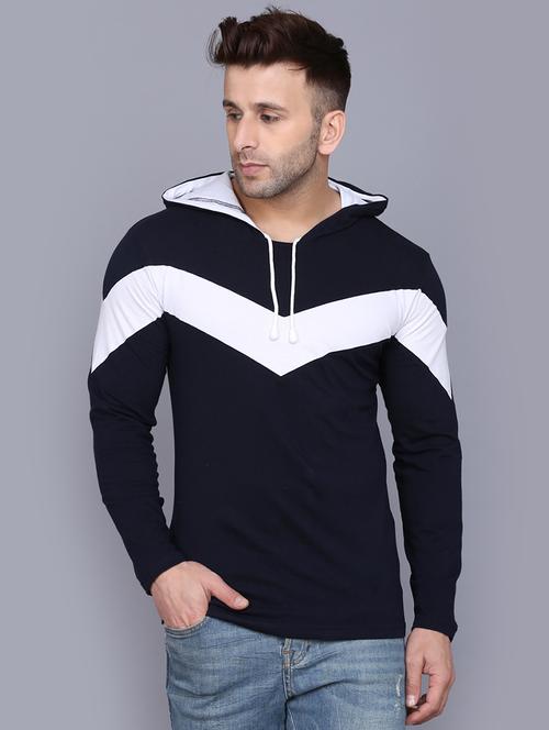 navy blue color block cut & sew hooded t-shirt - 17520448 - Standard Image - 1