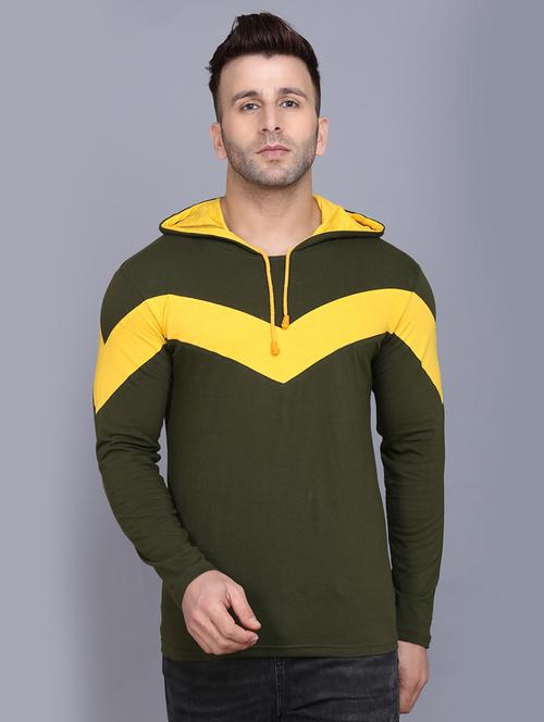 olive green color block cut & sew hooded t-shirt - 17520451 - Standard Image - 1