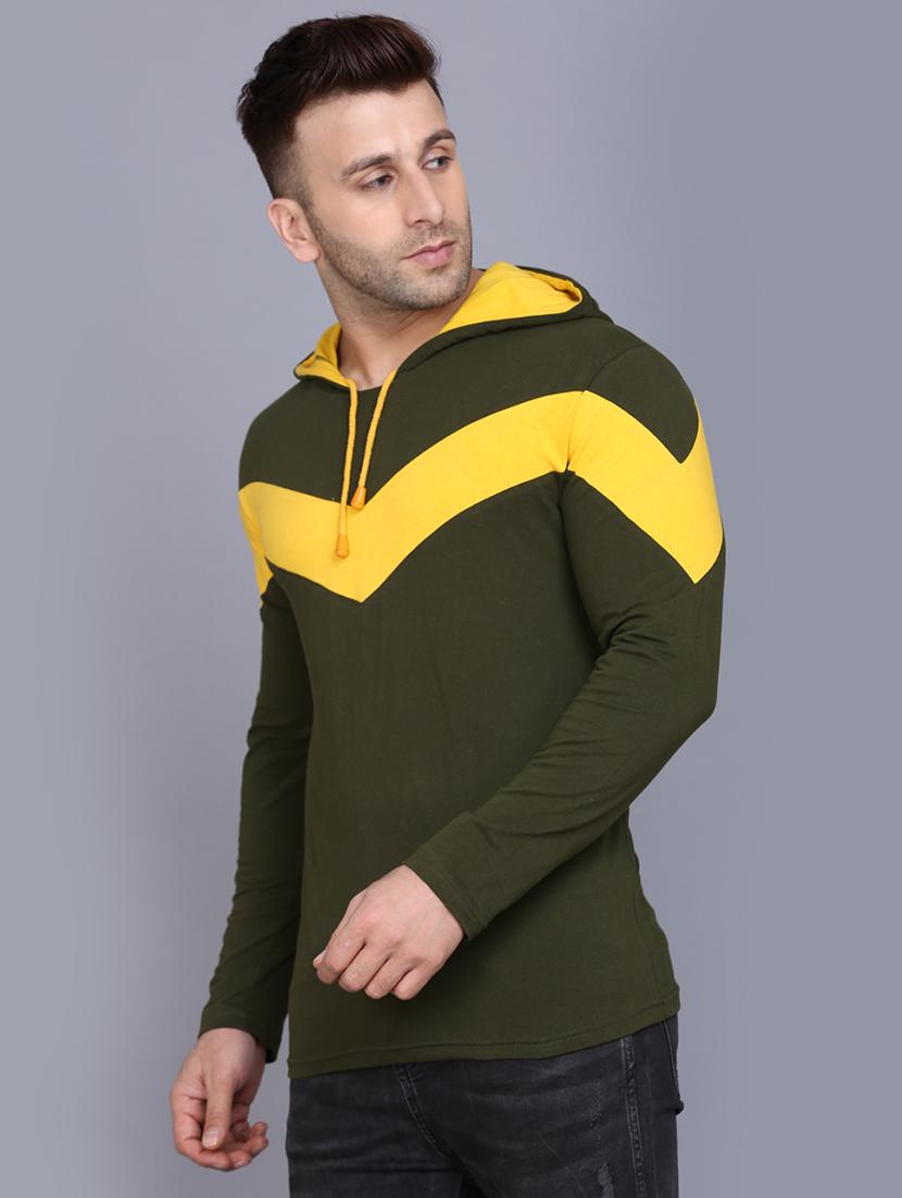 olive green color block cut & sew hooded t-shirt - 17520451 - Zoom Image - 2