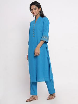 turquoise cotton kurta pant set - 17520584 - Standard Image - 2