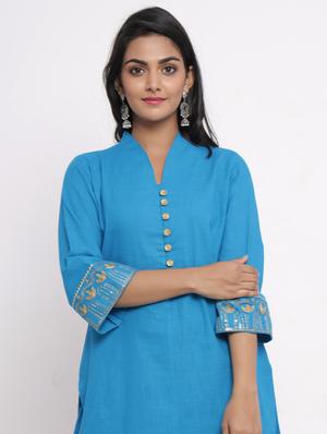 turquoise cotton kurta pant set - 17520584 - Standard Image - 4