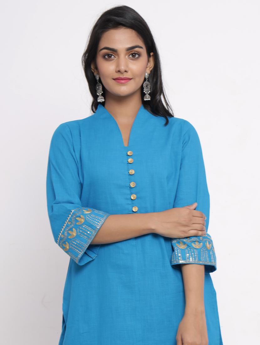 turquoise cotton kurta pant set - 17520584 - Zoom Image - 4