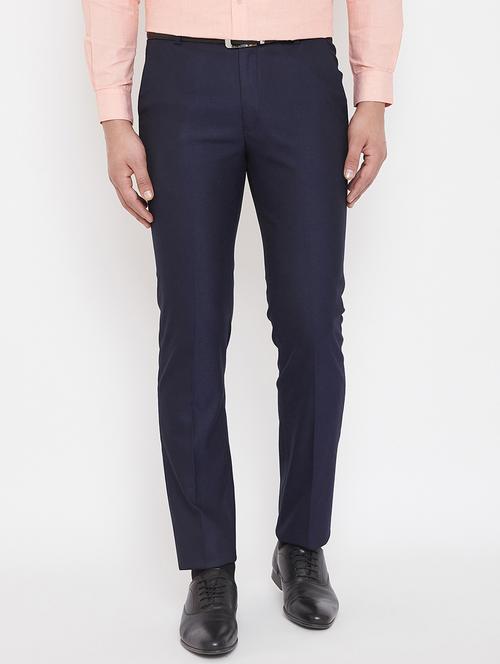 navy blue solid flat front formal trouser - 17521031 - Standard Image - 1