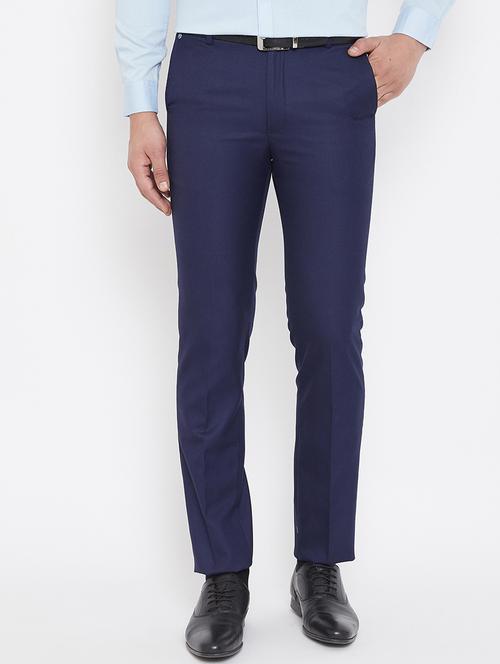 navy blue textured flat front formal trouser - 17521034 - Standard Image - 1