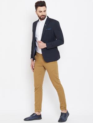navy blue self design single breasted casual blazer - 17521041 - Standard Image - 4