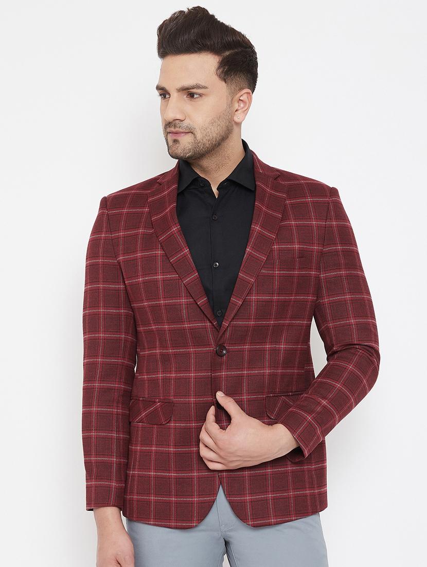 maroon checkered single breasted casual blazer - 17521044 - Zoom Image - 1