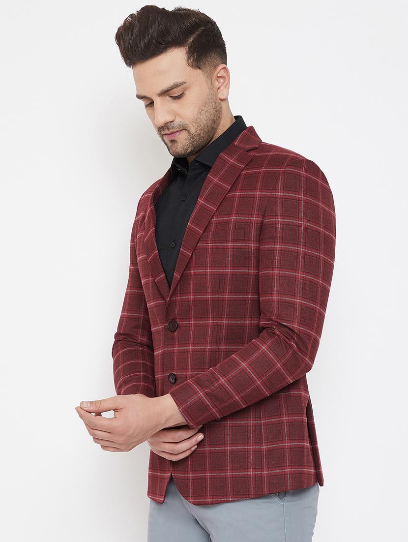 maroon checkered single breasted casual blazer - 17521044 - Zoom Image - 2