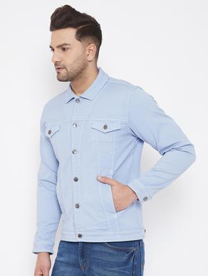 light blue solid denim jacket - 17521051 - Standard Image - 2
