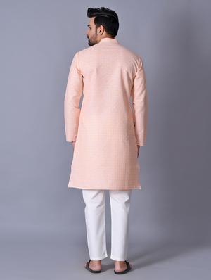 peach checkered kurta pyjama set - 17521525 - Standard Image - 3