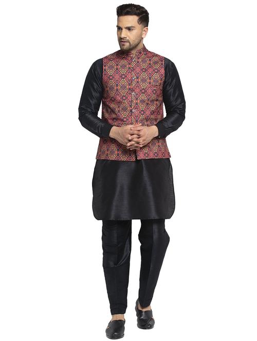 black solid dupion kurta pyjama set with printed nehru jacket - 17521561 - Standard Image - 1